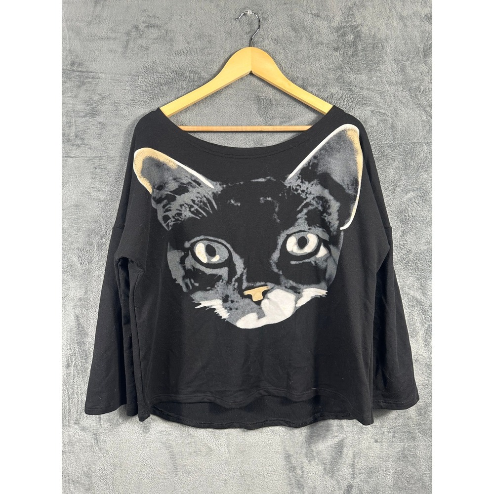 Cat Face Graphic Crop Top Black Dolman Sleeve Off Shoulder Grunge Kawaii Wiipu